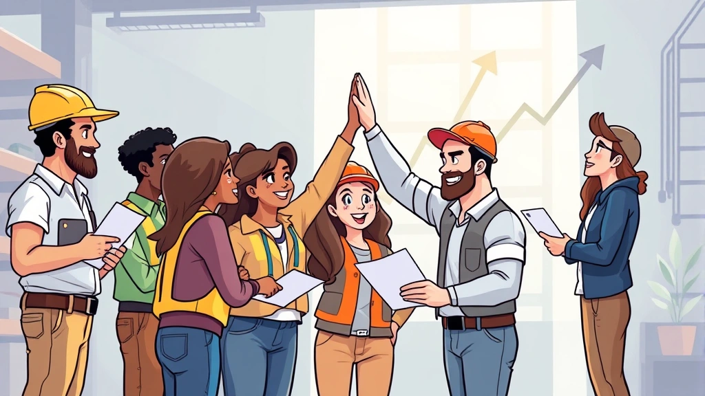 Cartoon diverse contractors collaborating on project, high-fiving with documents and digital devices, bright professional atmosphere with growth arrows and upward trend
