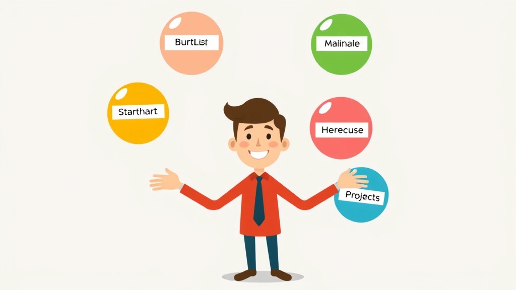 Cartoon figure juggling multiple colored balls labeled with different client names and project types, showing work-life balance and diverse client portfolio management