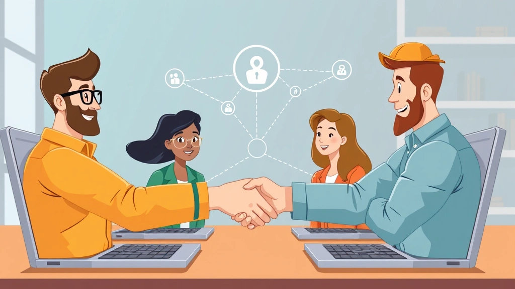 Diverse group of cartoon contractors meeting virtually on laptop screens, shaking hands digitally, with networking icons and connection lines between them