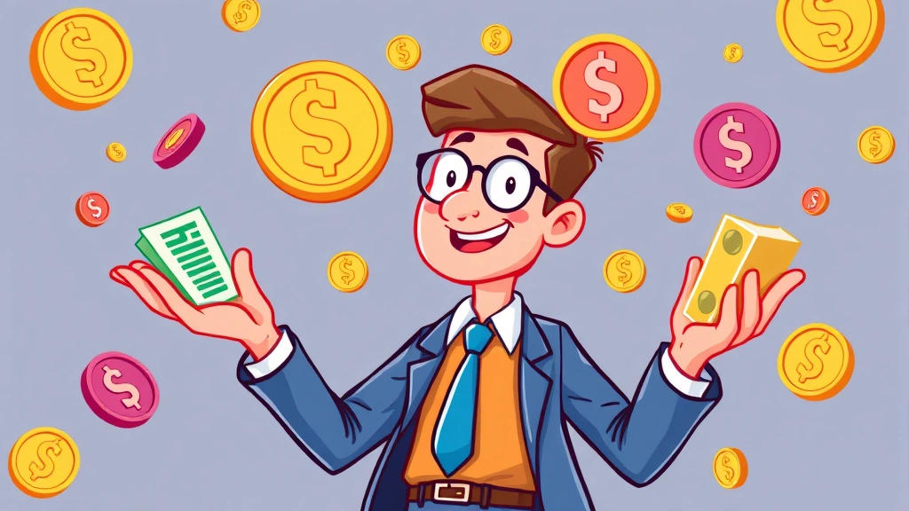 Cartoon freelancer juggling multiple income streams, different colored coins and dollar signs floating around, confident pose, professional attire, bright colors