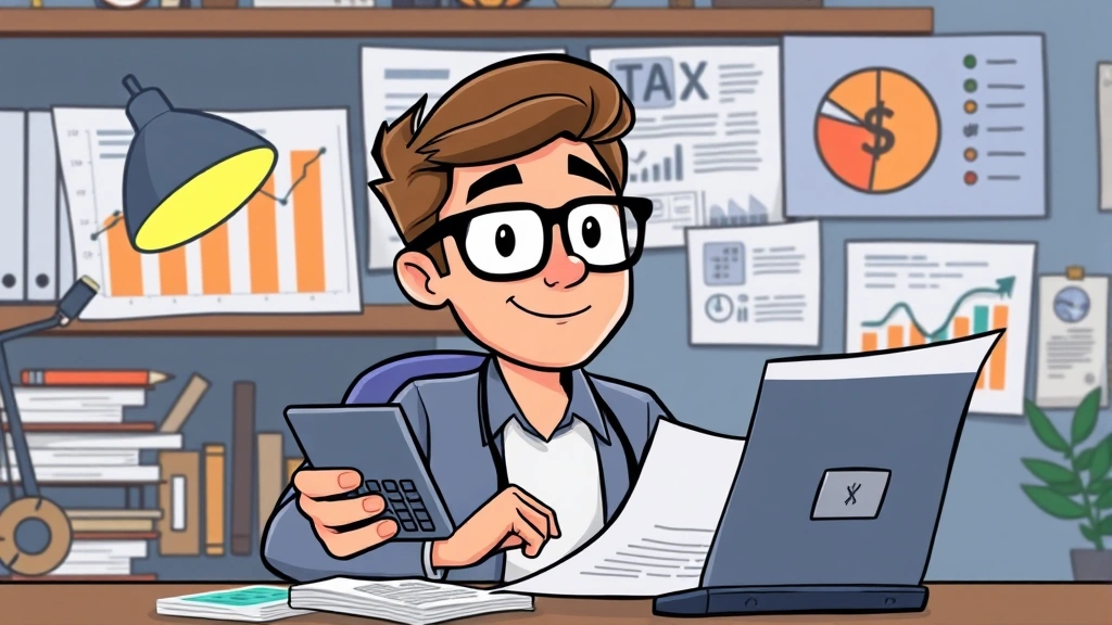Cartoon freelancer reviewing financial charts and tax documents, calculator visible, money management concept, organized filing system, confident expression, professional workspace, growth indicators