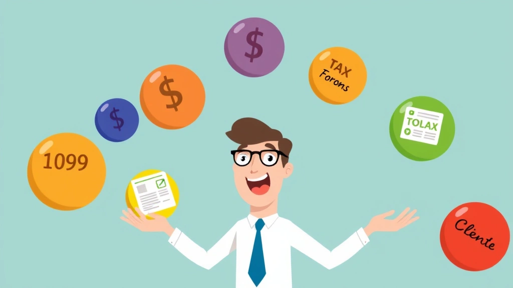 Cartoon illustration of business person juggling multiple colored balls labeled with dollar signs, tax forms, and client names, representing balancing multiple 1099 clients and responsibilities