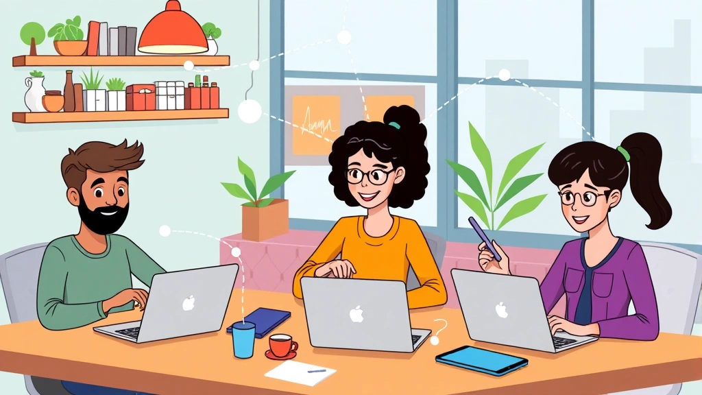 Cartoon diverse group of remote contractors working from different locations—coffee shop, home office, co-working space—connected by digital lines, laptops and smartphones visible, vibrant colors