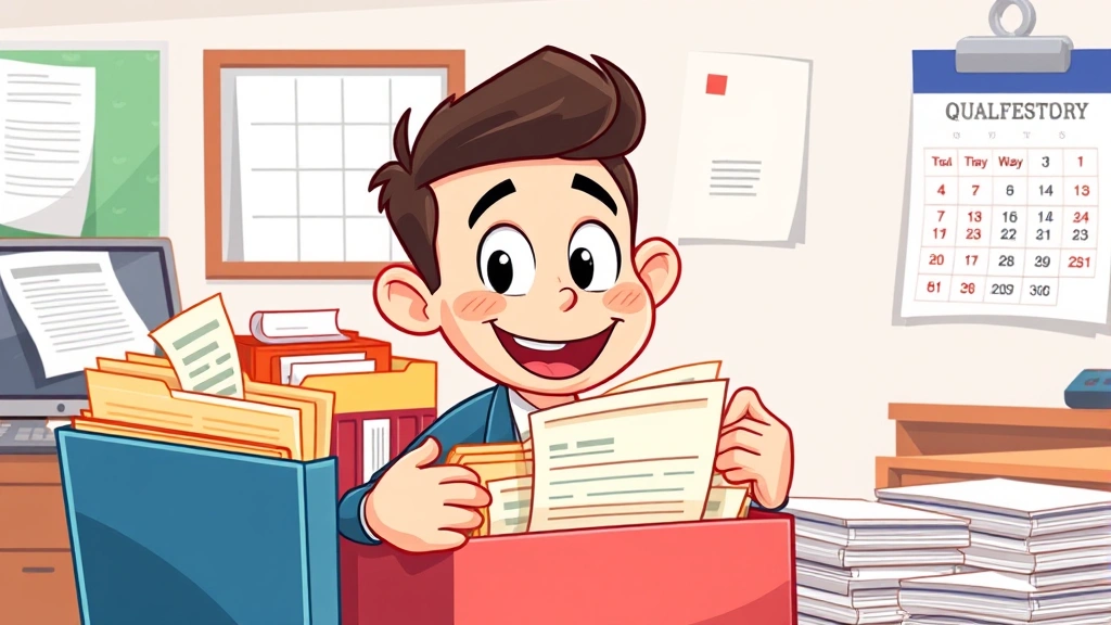 Cartoon character organizing colorful folders and receipts into filing system, happy expression, professional office background with calendar showing quarterly dates