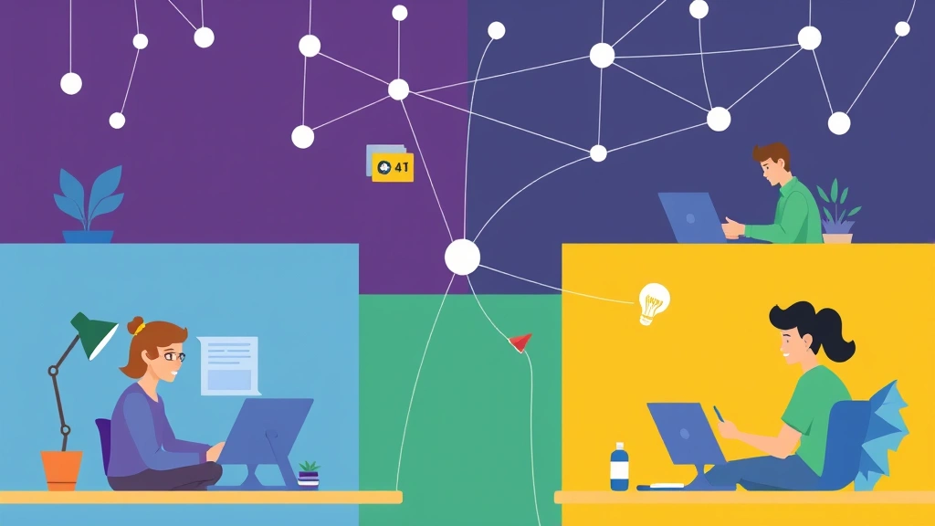 Illustration of diverse professionals in various fields (designer, developer, writer, consultant) working remotely from different creative spaces, all connected by digital network lines