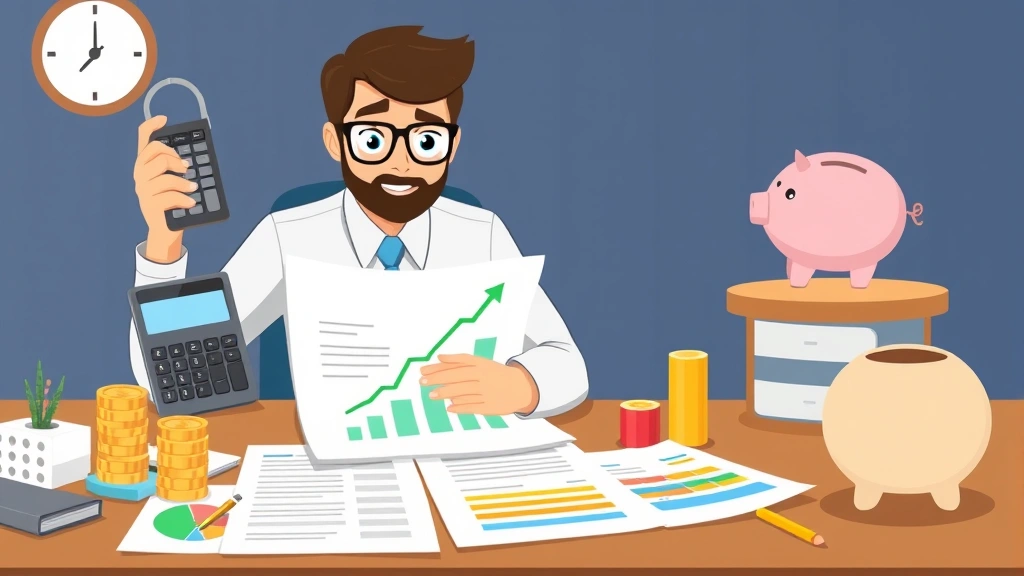 Cartoon professional reviewing financial documents with calculator, coins stacking up, growth chart with upward arrow, piggy bank, color-coded expense categories on desk