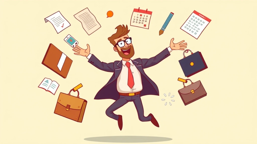 Independent contractor juggling multiple projects and clients with briefcases, contracts, and calendar floating around figure, cartoon style, colorful, dynamic energy showing multitasking
