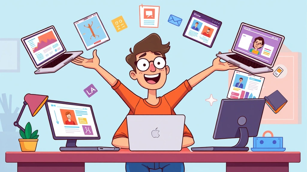 Cartoon freelancer juggling multiple laptop screens and client projects, showing multitasking ability, colorful workspace, energetic and productive atmosphere