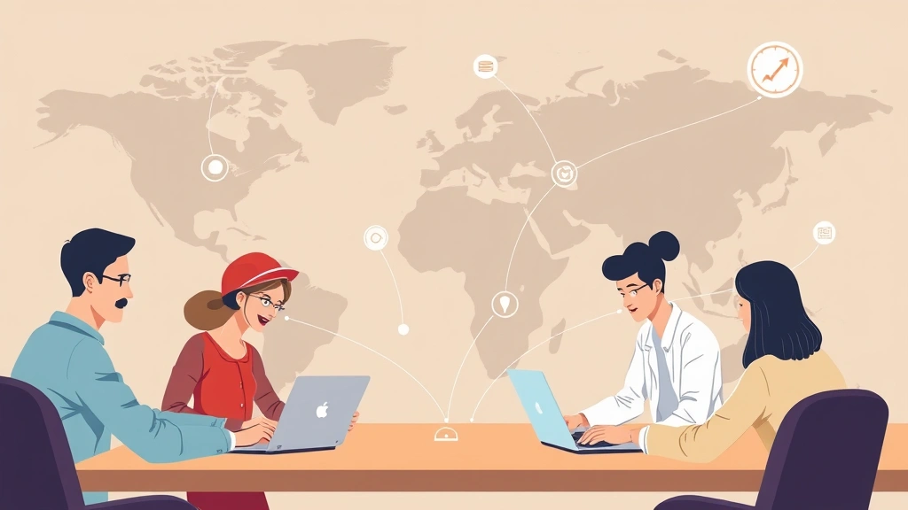 Illustrated diverse group of independent contractors collaborating remotely across different locations with technology connecting them, modern minimalist style