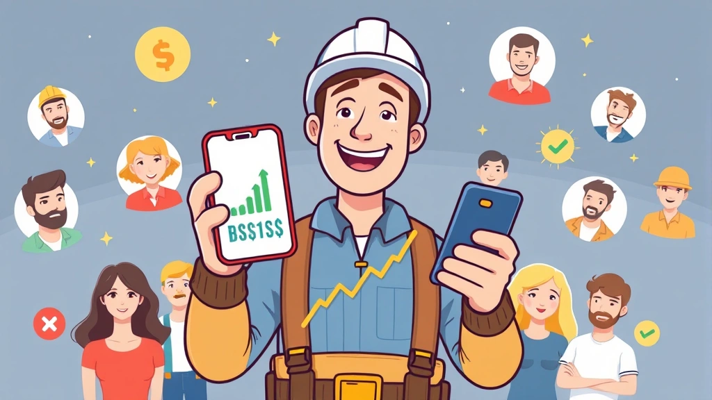 Cheerful contractor character holding smartphone showing upward income graph, surrounded by diverse client avatars and success checkmarks floating around them