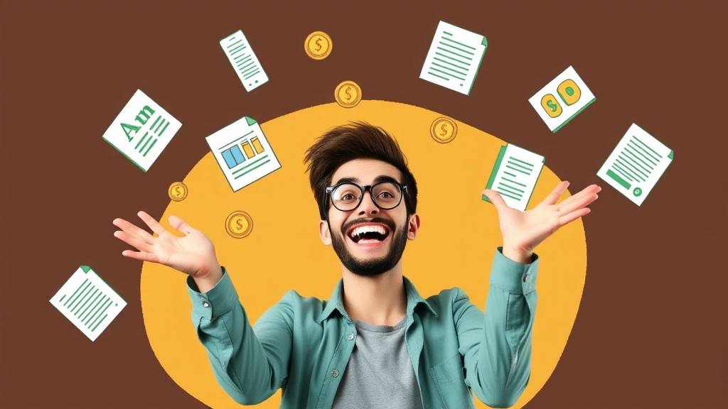 Cheerful freelancer juggling multiple projects and income streams with coins and document icons, symbolizing diverse 1099 contractor opportunities and earnings