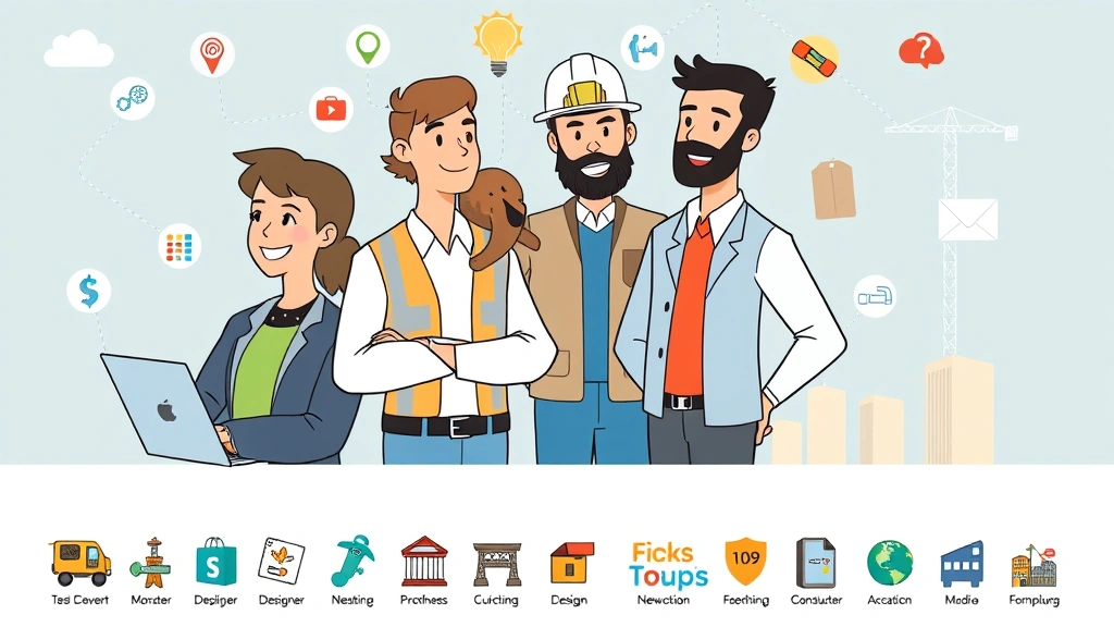 Diverse cartoon professionals from different fields (tech developer, designer, consultant, construction worker) collaborating and networking, colorful icons representing different 1099 industries