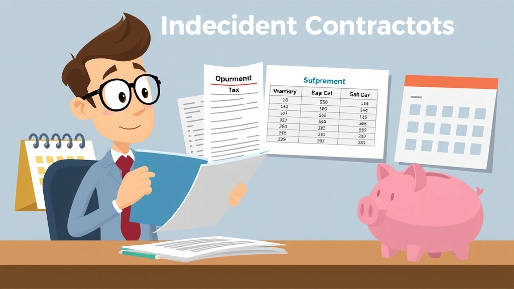 Animated character reviewing tax documents and quarterly payment schedules, with a calendar and piggy bank nearby, representing financial planning for independent contractors