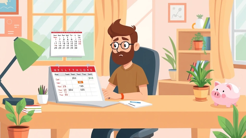 Freelancer working at home office desk with laptop, calendar showing quarterly tax dates highlighted, piggy bank nearby, plants and natural light, cartoon illustration