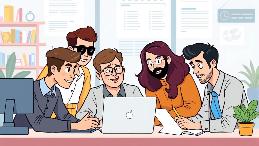 Diverse group of freelance professionals including designer, developer, consultant, and writer collaborating on projects, cartoon style showing 1099 contractor community and collaboration