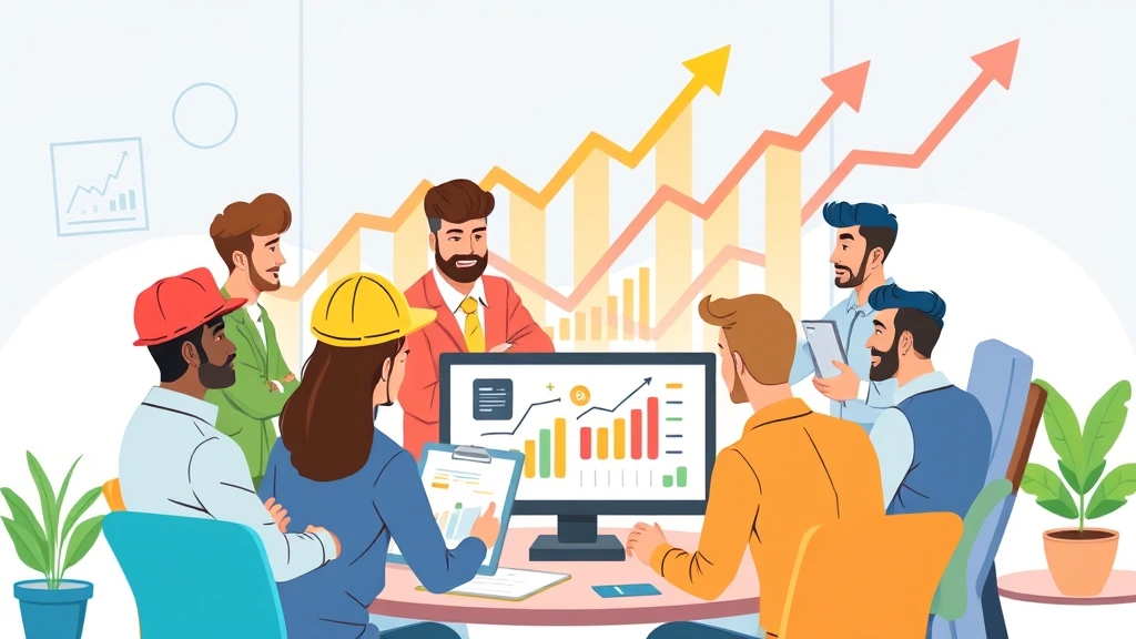 Diverse group of contractors collaborating around digital devices and charts, networking and discussing projects, colorful professional setting with upward growth arrows, cartoon style