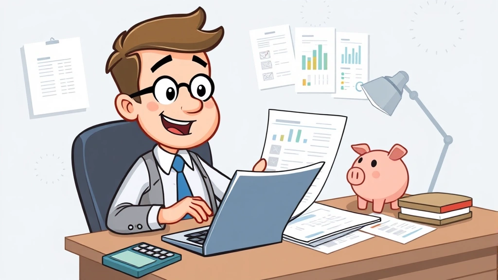 Cartoon professional reviewing financial documents and spreadsheets with calculator, piggy bank, and tax forms spread across desk with satisfied expression