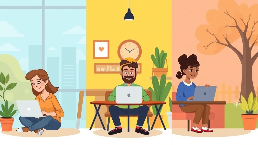 Cartoon diverse contractors working on laptops in different locations - coffee shop, home office, park - showing flexibility and independence with colorful backgrounds