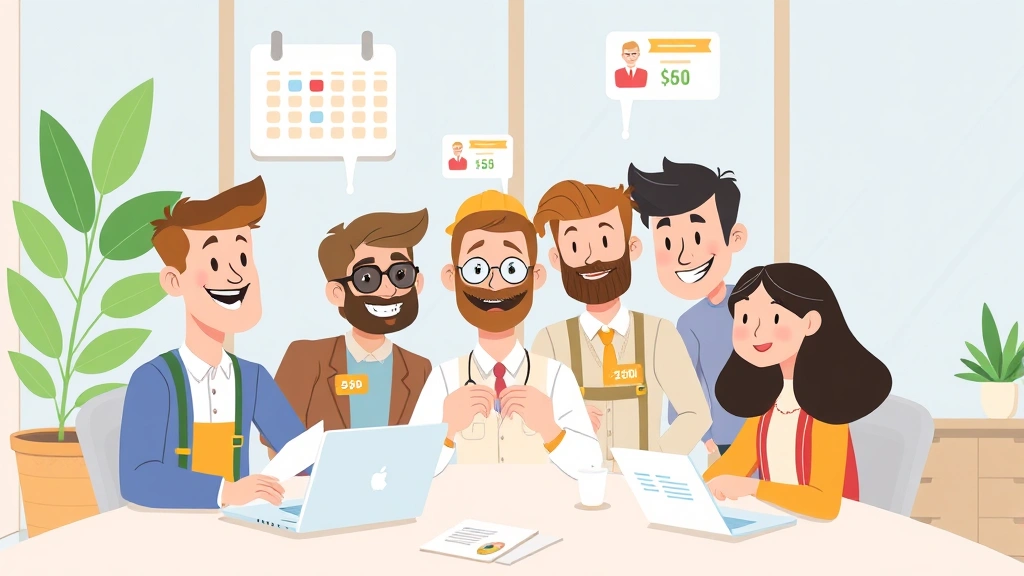 Diverse contractors collaborating on projects with calendars and payment notifications appearing, modern workspace setting, cheerful cartoon illustration