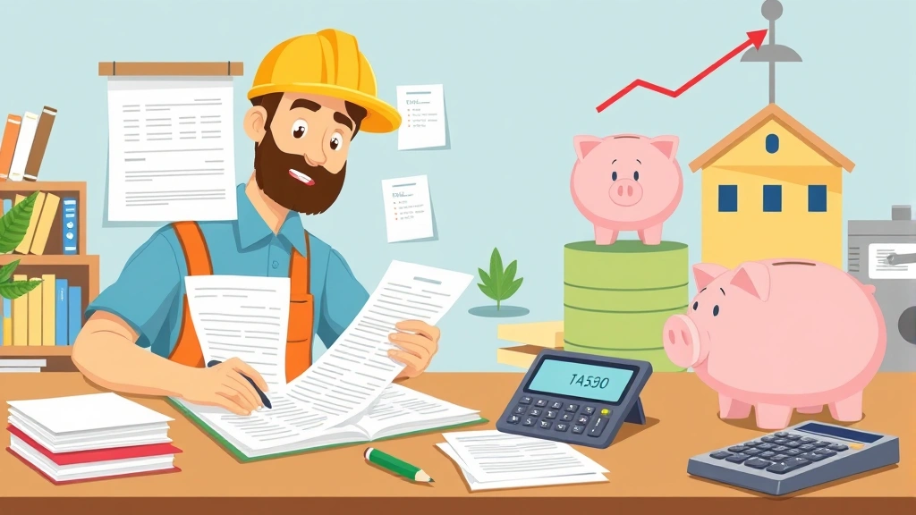 Cartoon graphic showing financial planning scene: contractor calculating taxes, organizing receipts, building savings with piggy bank, retirement planning documents, and calculator on desk