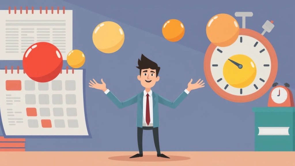 Animated freelancer juggling multiple clients represented as different colored balls, with calendar and clock in background, depicting the balancing act of managing multiple 1099 contracts