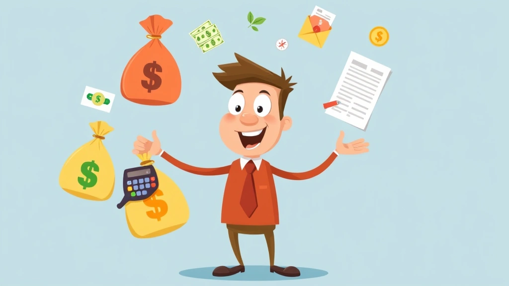 Cartoon character juggling money bags, calculator, tax forms, and insurance documents, balanced expression showing financial management, colorful icons representing different income streams
