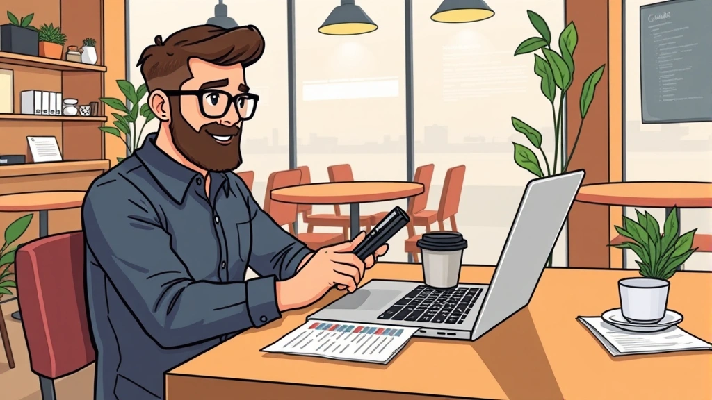 Freelancer working on laptop at coffee shop with calculator and financial documents, cartoon style, professional setting