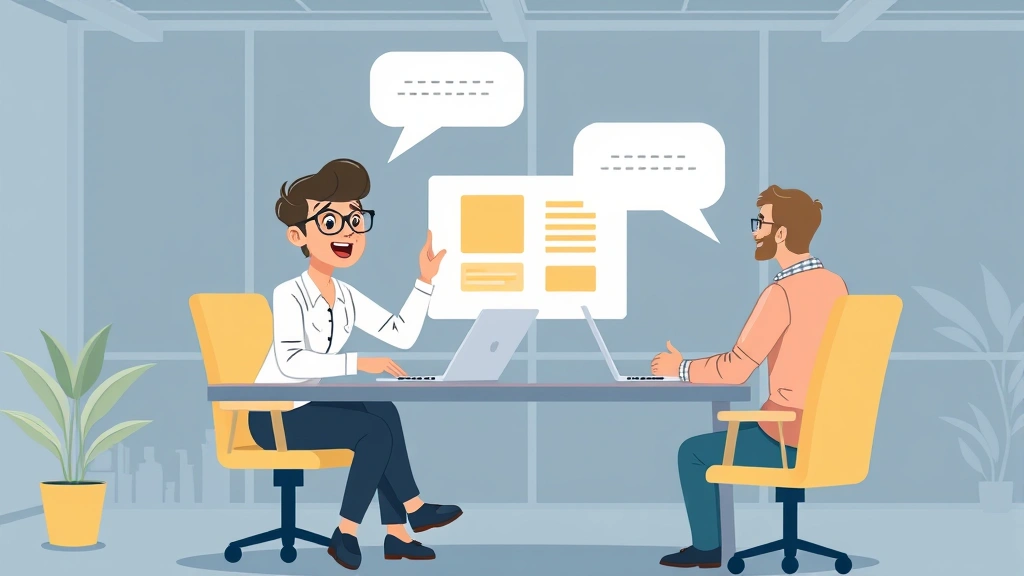 Cartoon style illustration showing a freelancer confidently presenting work to a client across a desk or virtual meeting, speech bubbles with positive feedback, modern office setting, uplifting mood