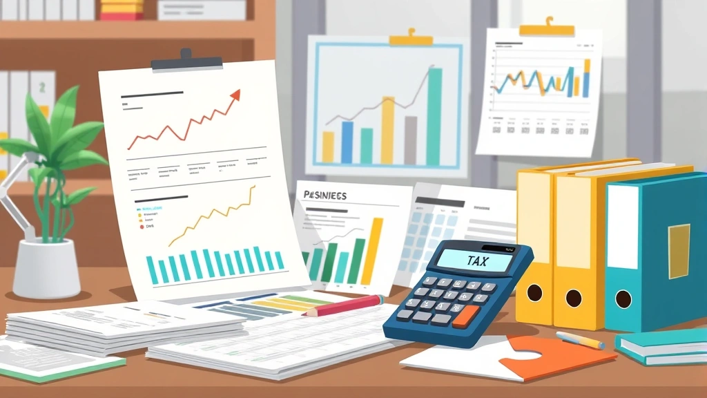 Animated scene showing a professional organizing tax documents, financial charts, and accounting spreadsheets with calculator and business folders