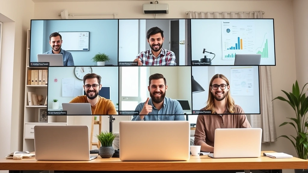 Diverse group of remote contractors collaborating on video call from different home offices, multiple screens visible, cheerful and productive atmosphere