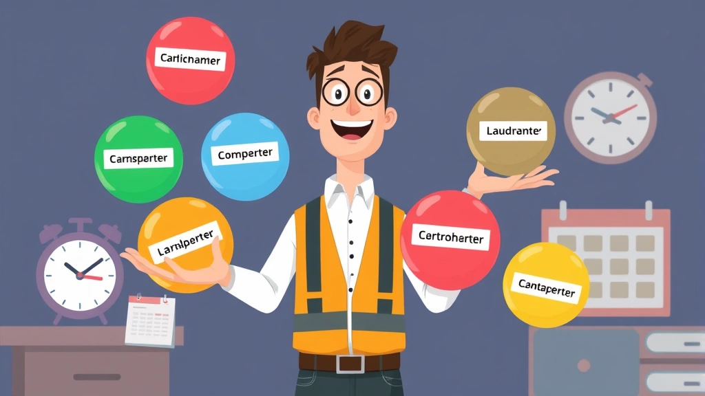 Animated contractor juggling multiple colored project balls labeled with different client names, calendar and clock visible, dynamic action pose showing work management