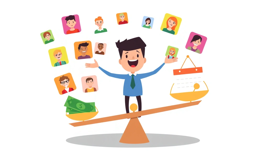 Animated character juggling multiple colored client avatars and project folders while balancing a scale with money on one side and calendar on the other