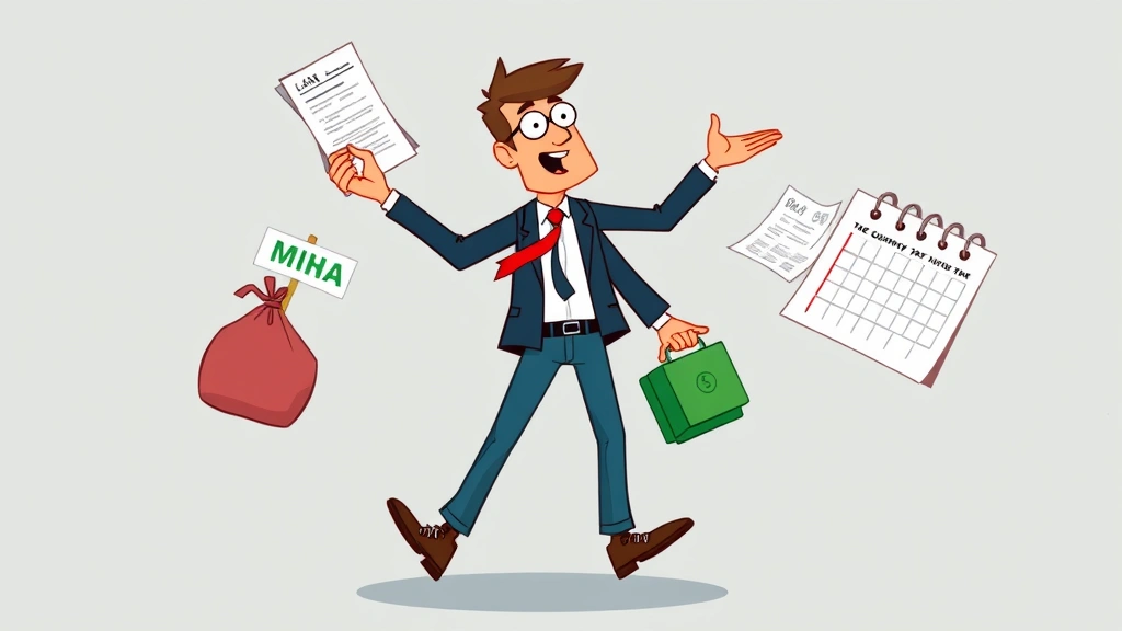 Cartoon showing a person juggling money bags, tax documents, and calendar pages, representing financial management and quarterly tax obligations for independent contractors, colorful and dynamic