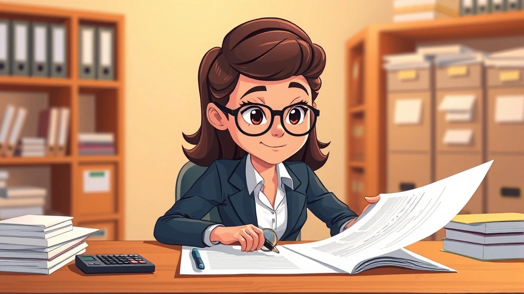 Cartoon character reviewing documents and contracts at a table with a magnifying glass, calculator nearby, organized filing system in background, professional warm lighting, no text labels