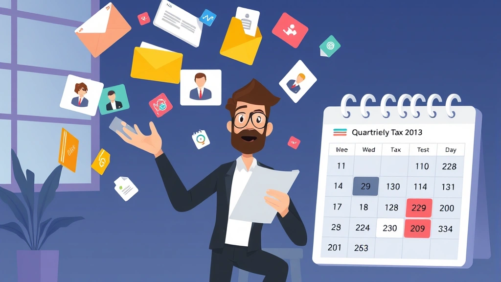 Animated scene showing freelancer juggling multiple colorful project files and client icons while calendar shows quarterly tax dates highlighted
