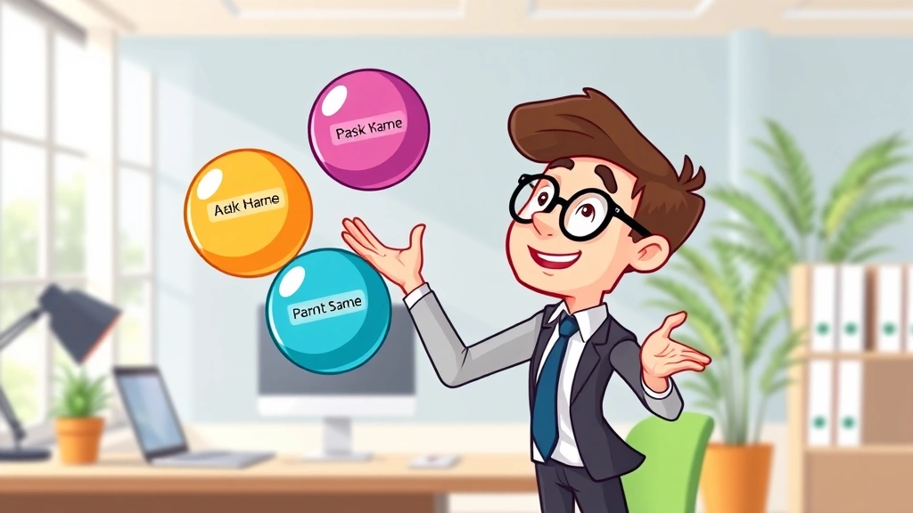 Cartoon professional juggling multiple colored balls labeled with different client names, showing balance and time management in a bright office environment