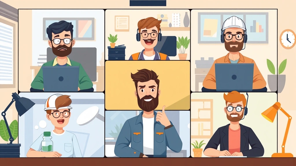 Diverse group of contractors collaborating on video call meeting, each in their own home workspace with different backgrounds, upbeat and productive atmosphere, cartoon style