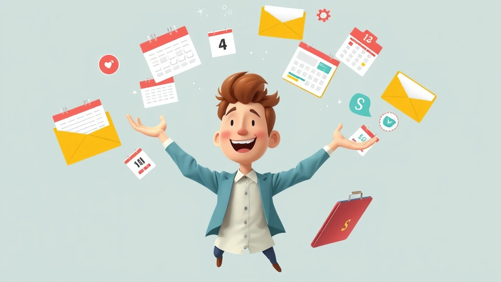 Cheerful freelancer character juggling multiple colored client folders and calendars in the air, diverse icons representing different job types floating around them, dynamic motion