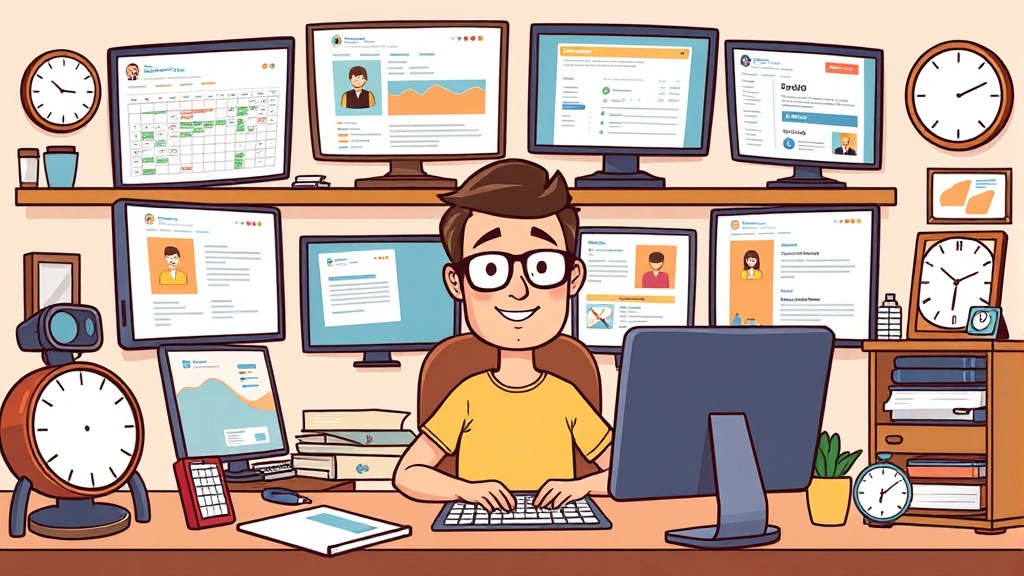 Cartoon freelancer at home office with multiple computer screens showing different clients, calendar, and invoices, juggling work-life balance with clock and family photos nearby