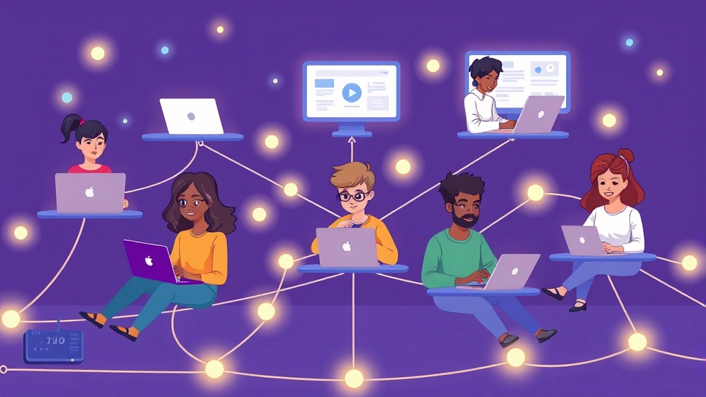 Cartoon diverse freelancers working remotely on different devices across a network, connected by glowing lines, representing collaboration and multiple clients, vibrant style