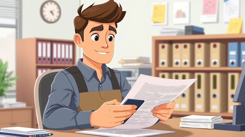 Animated contractor reviewing contract documents and tax forms with calculator, organized filing system visible, professional office setting, confident pose