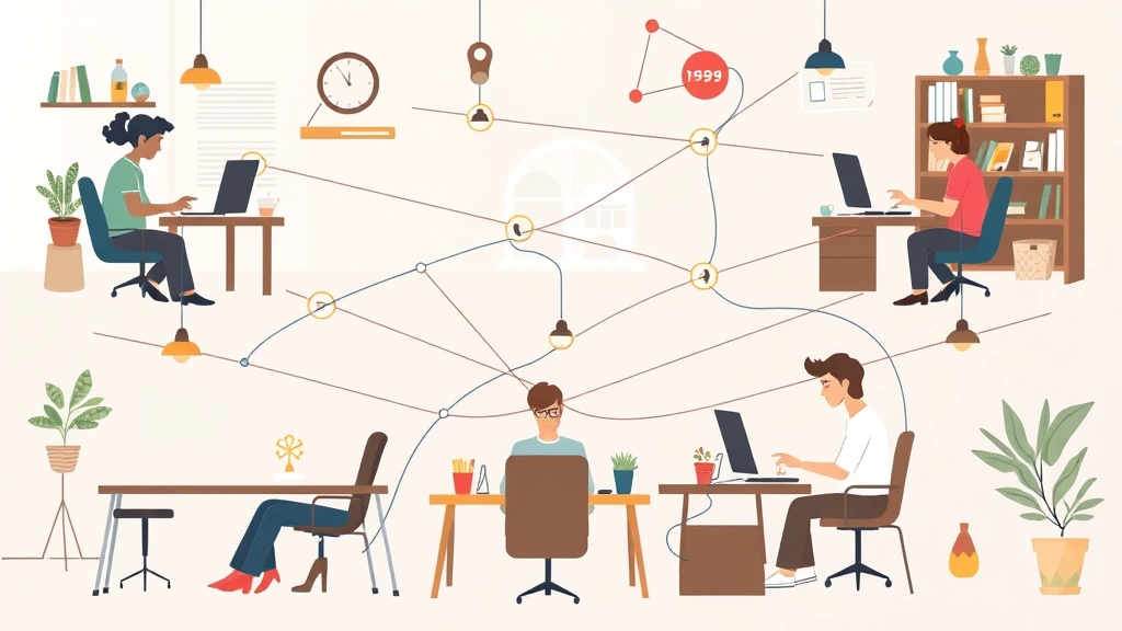 Illustrated diverse 1099 contractors working remotely from different locations simultaneously, coffee shops and home offices, connected by digital network lines