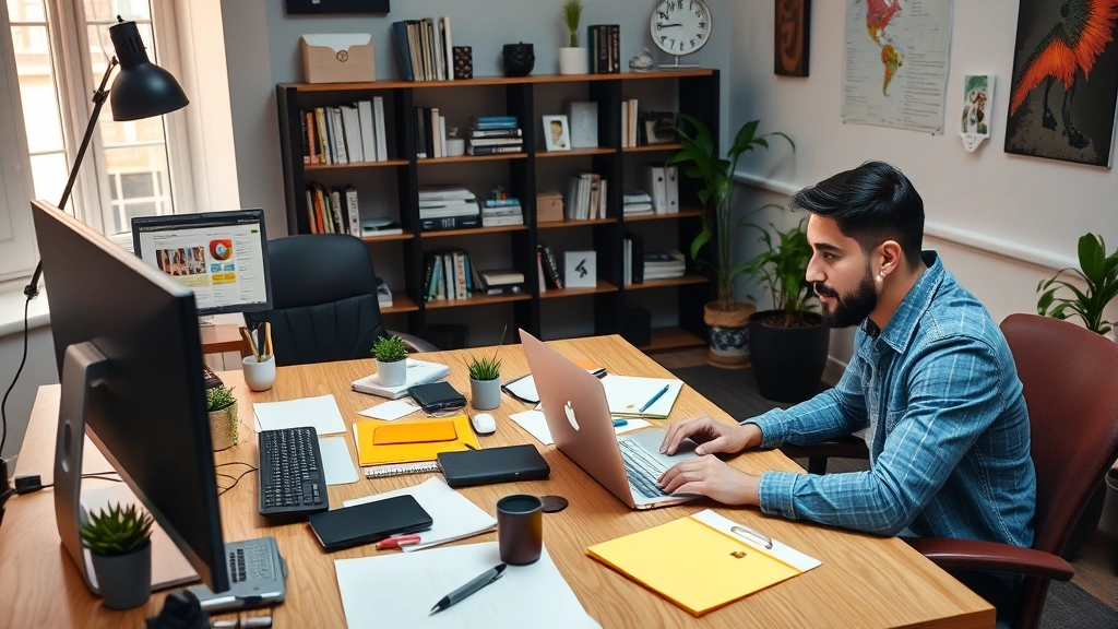 Diverse independent contractors working remotely: software developer, designer, consultant in home offices with computers and business materials