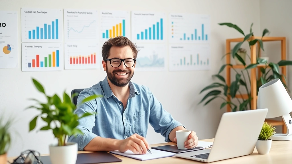 Cheerful independent contractor working from home office with plant, coffee cup, and financial planning charts on wall, looking productive and organized