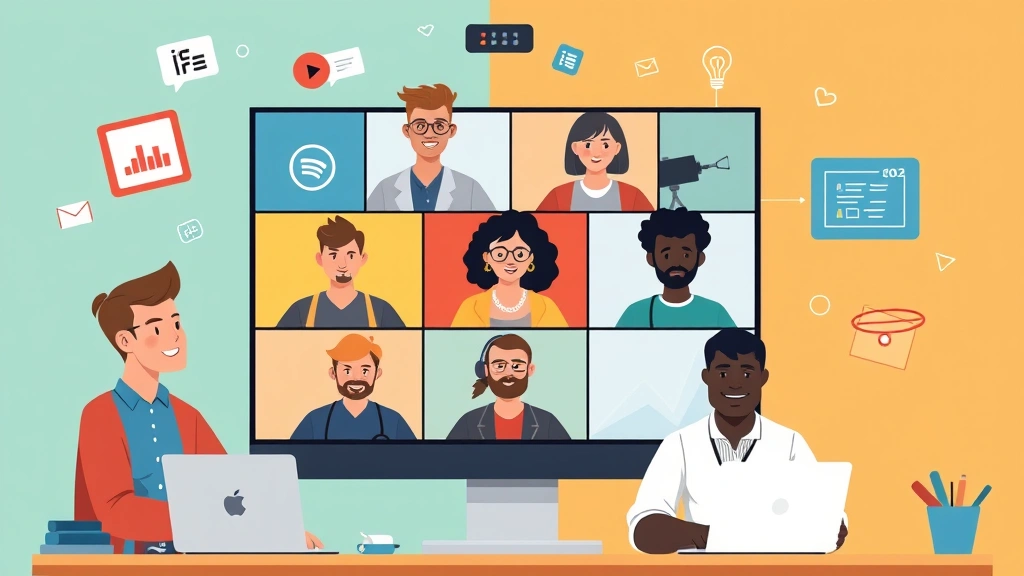 Diverse group of independent contractors collaborating virtually on video call, cartoon style, colorful backgrounds, modern tech icons floating around