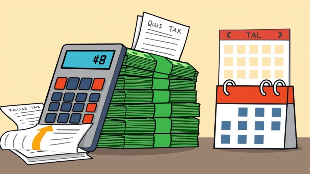Cartoon graphic showing stacked money, calculator, tax documents, and calendar representing quarterly tax payments and financial management for 1099 contractors