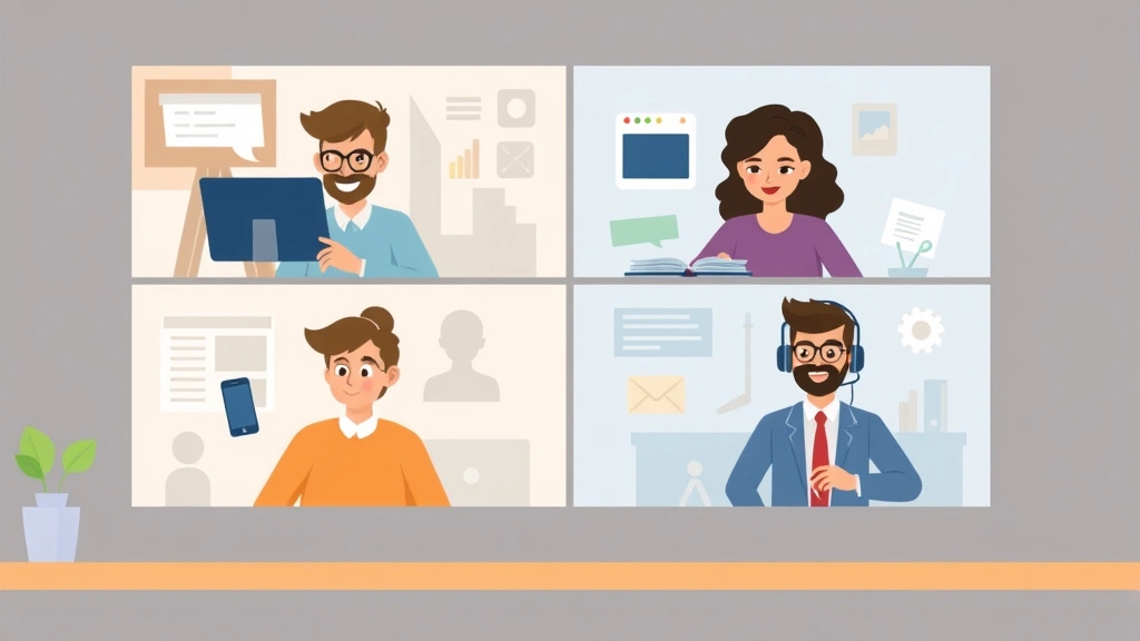 Cartoon-style image of diverse contractors collaborating virtually across different industries: designer, developer, writer, and consultant in separate video call windows