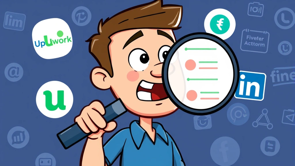 Cartoon character holding large magnifying glass examining colorful job listings and platform logos like Upwork, Fiverr, and LinkedIn, excited expression
