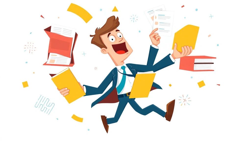 Cartoon graphic showing a contractor juggling multiple client projects with different colored folders and documents. Dynamic motion, organized chaos feeling, professional attire.