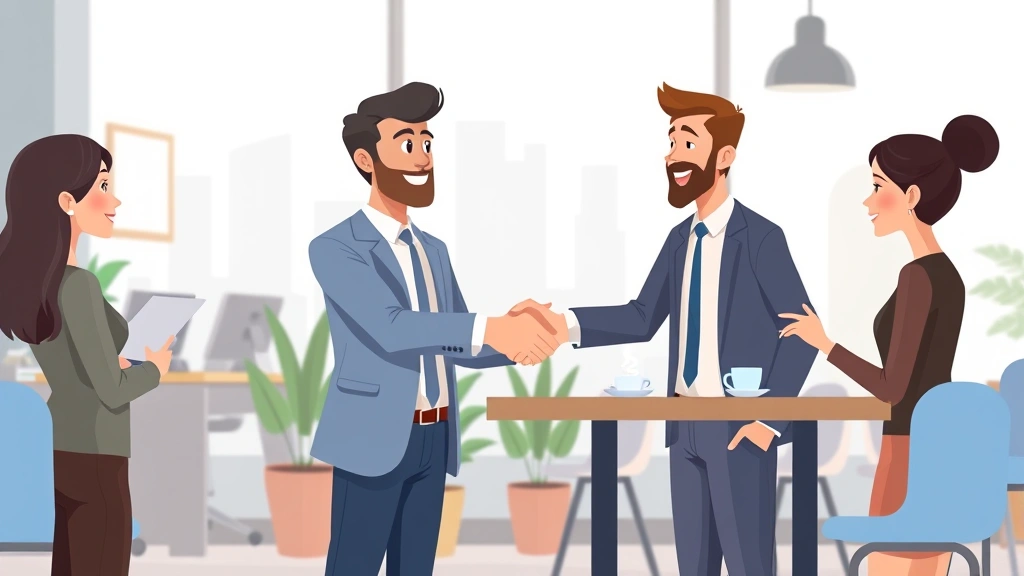 Animated networking scene showing freelancer shaking hands with three different business professionals in different settings - office, coffee shop, conference - collaborative energy